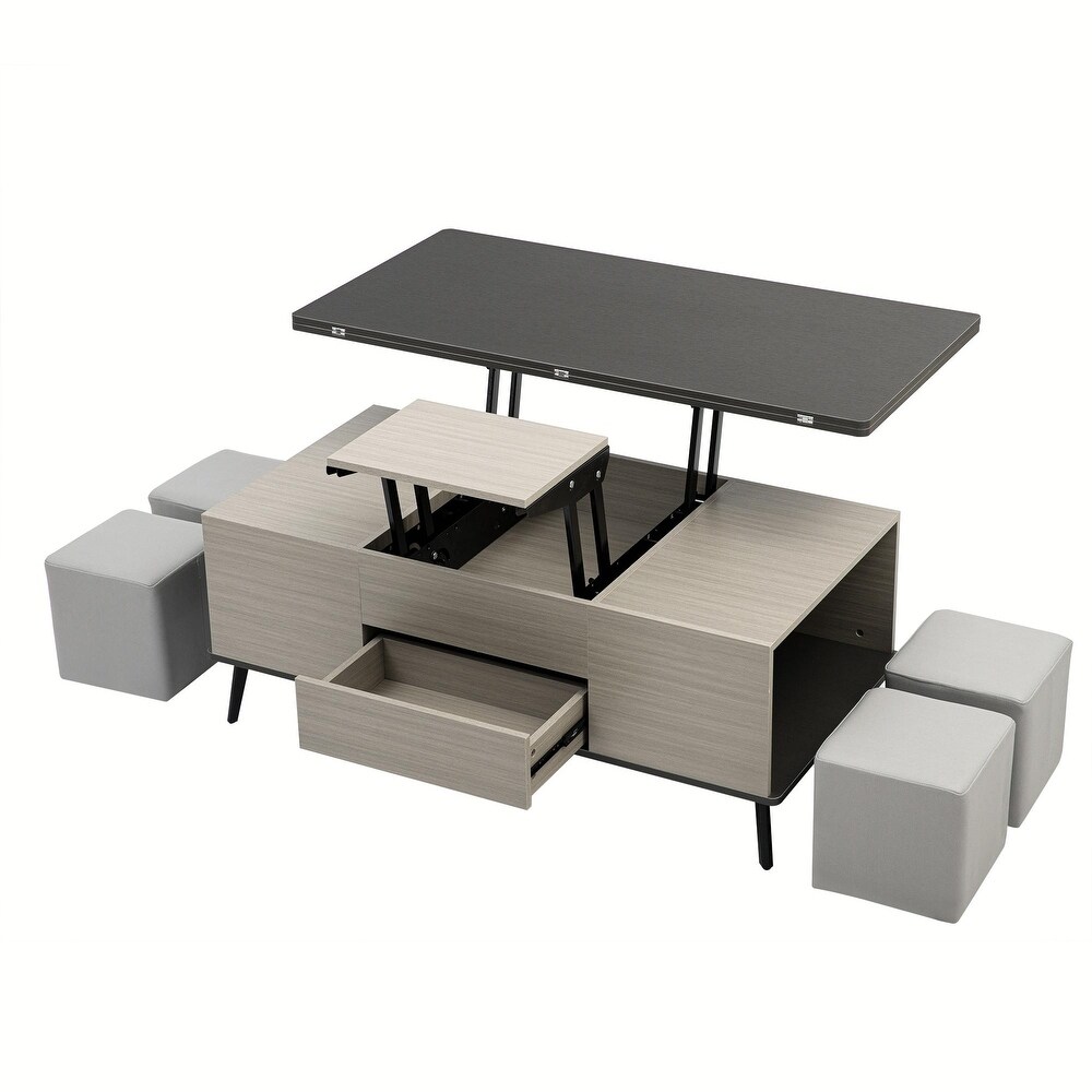 5 Piece Lift Top Coffee Table Set: Convertible Dining Table with Ottomans