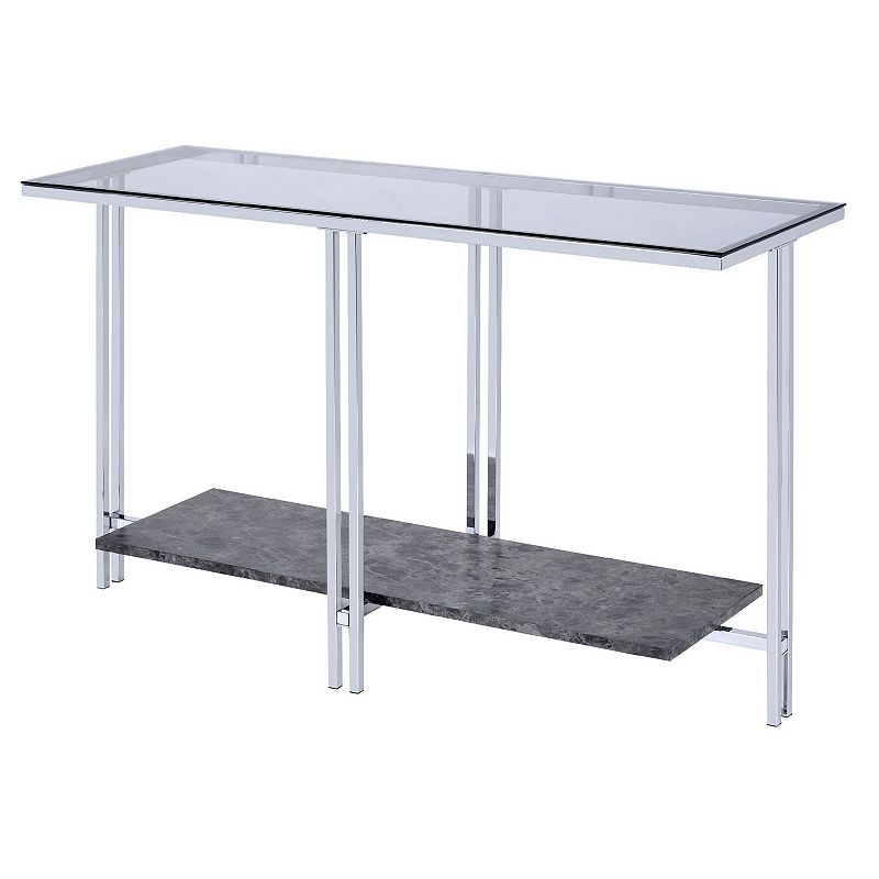 Glass Top Metal Sofa Table with Marble Bottom shelf， Silver and Clear