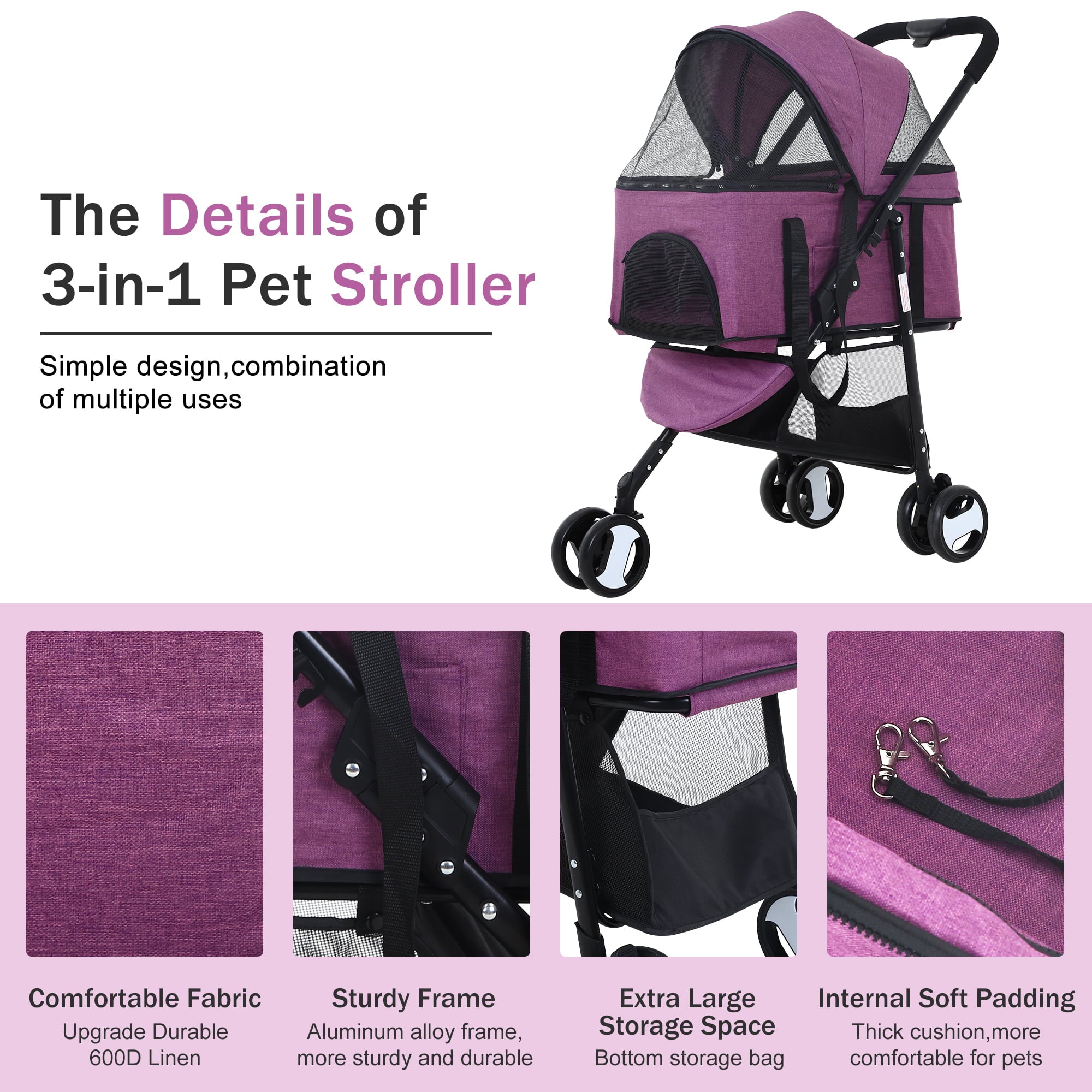 3 Wheels Dog Stroller Foldable Pet Stroller Cat Stroller with Storage Basket， 3-in-1 Lightweight Puppy Stroller for Travel (Purple)