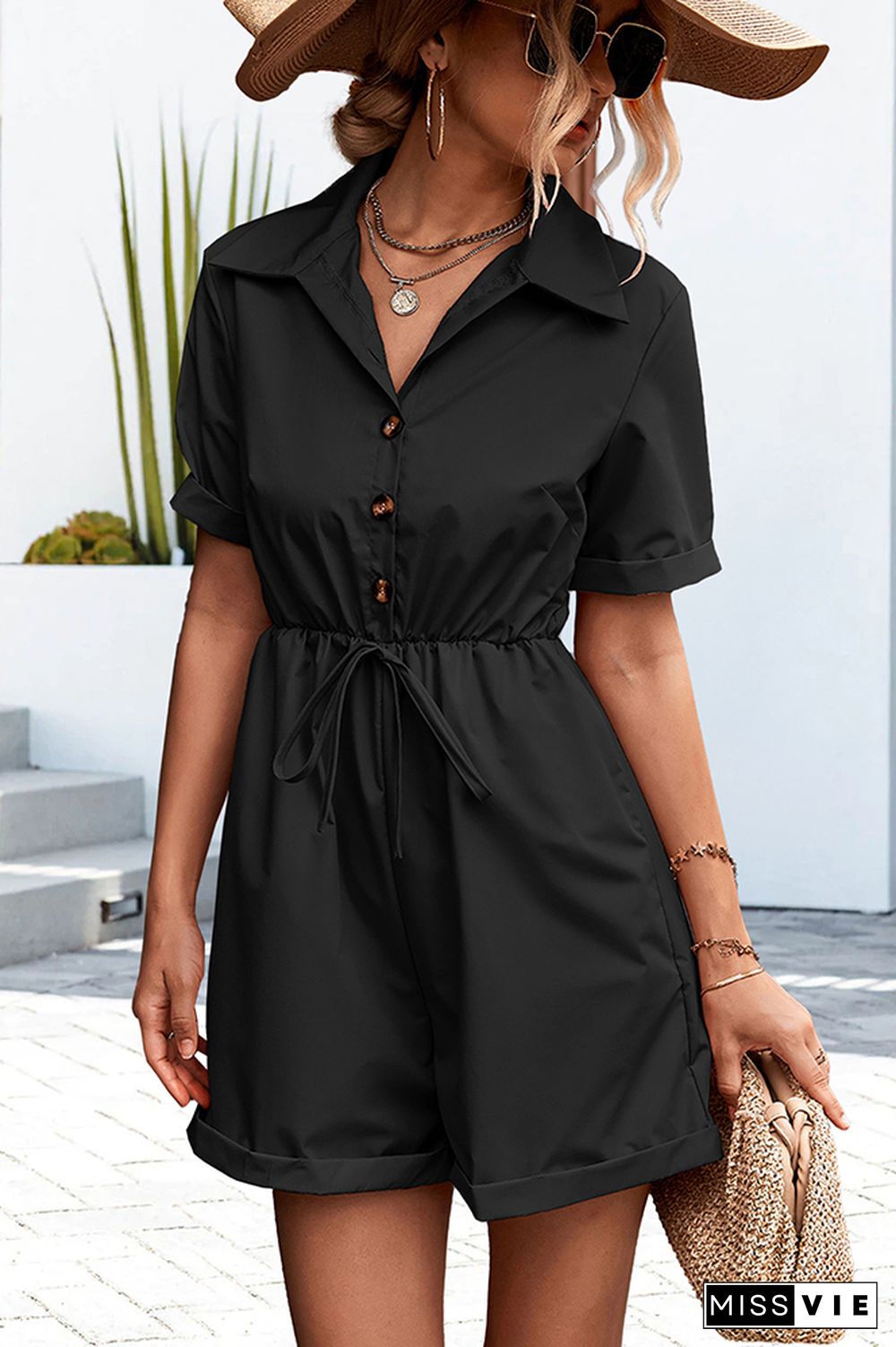 Turndown Collar Button Up One Piece Romper