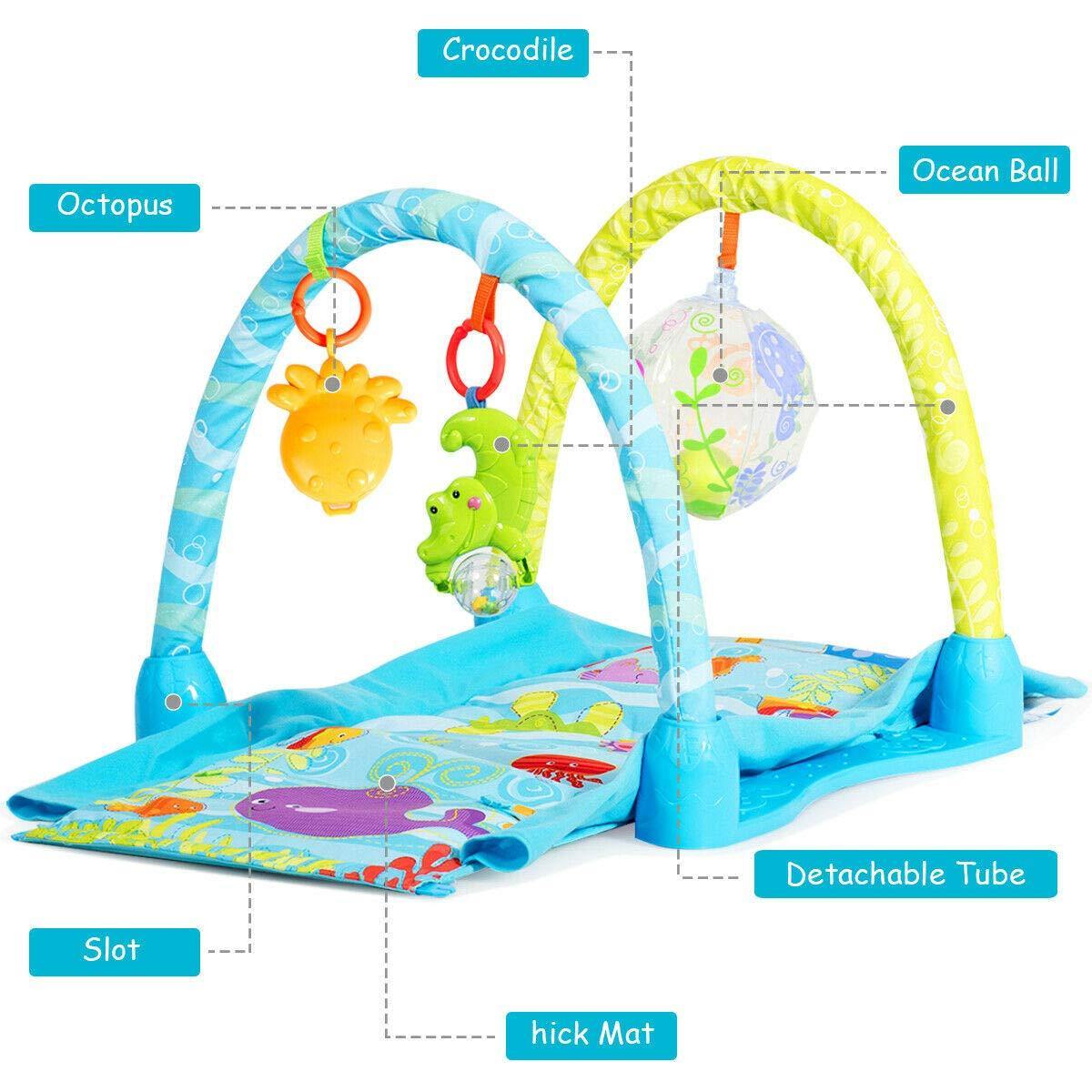 BABY JOY 4-in-1 Baby Play Gym Mat, Underwater World Baby Explore Crawling Tunnel with Steady Frame and 3 Hanging Toys