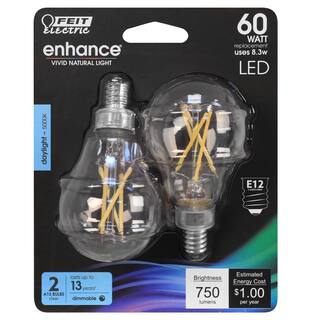 Feit Electric 60-Watt Equivalent A15 E12 Candelabra Dimmable CEC Clear Glass LED Ceiling Fan Light Bulb in Daylight (2-Pack) BPA1560C950CAFIL2