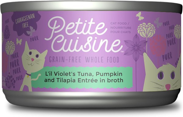 Petite Cuisine L'il Violet's Tuna， Pumpkin and Tilapia Entrée in Broth Grain-Free Wet Cat Food， 2.8-oz can， case of 24