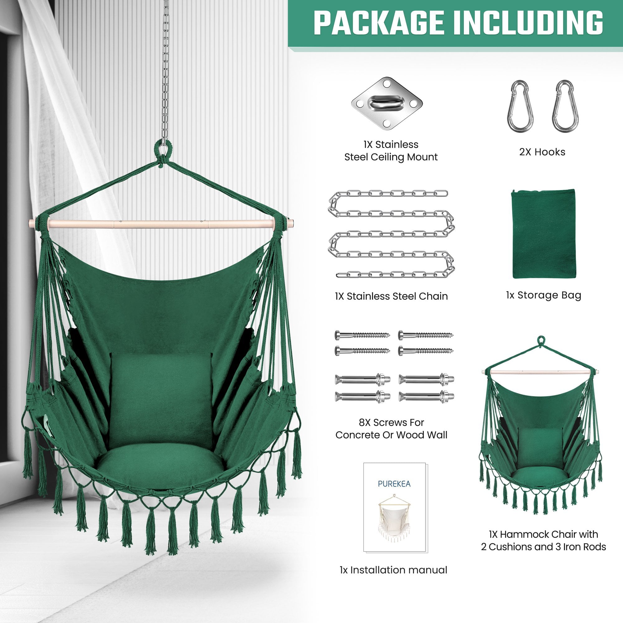 Oversized Hammock Chair with Hanging Hardware Kit, Swing Chair for Indoor & Outdoor, Max 330 Lbs, Include Carry Bag & Two Soft Seat Cushions -Green