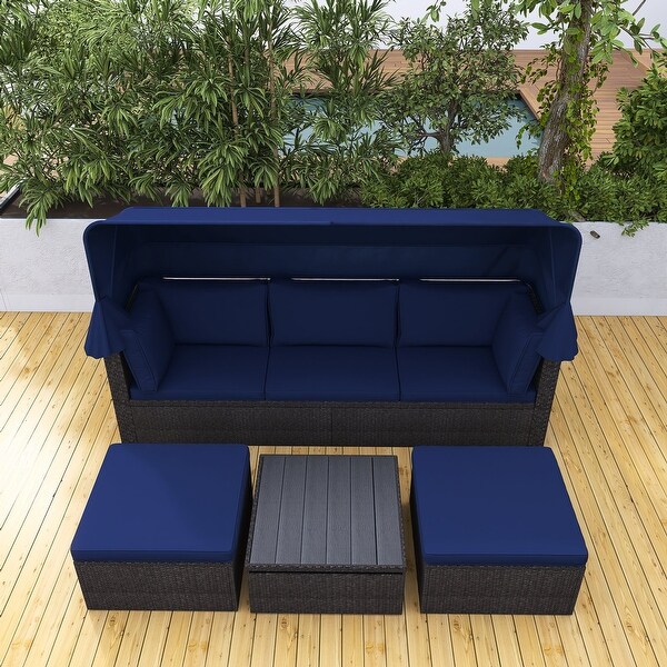 4Piece Outdoor Wicker Sectional Patio Daybed with Canopy and Ottoman