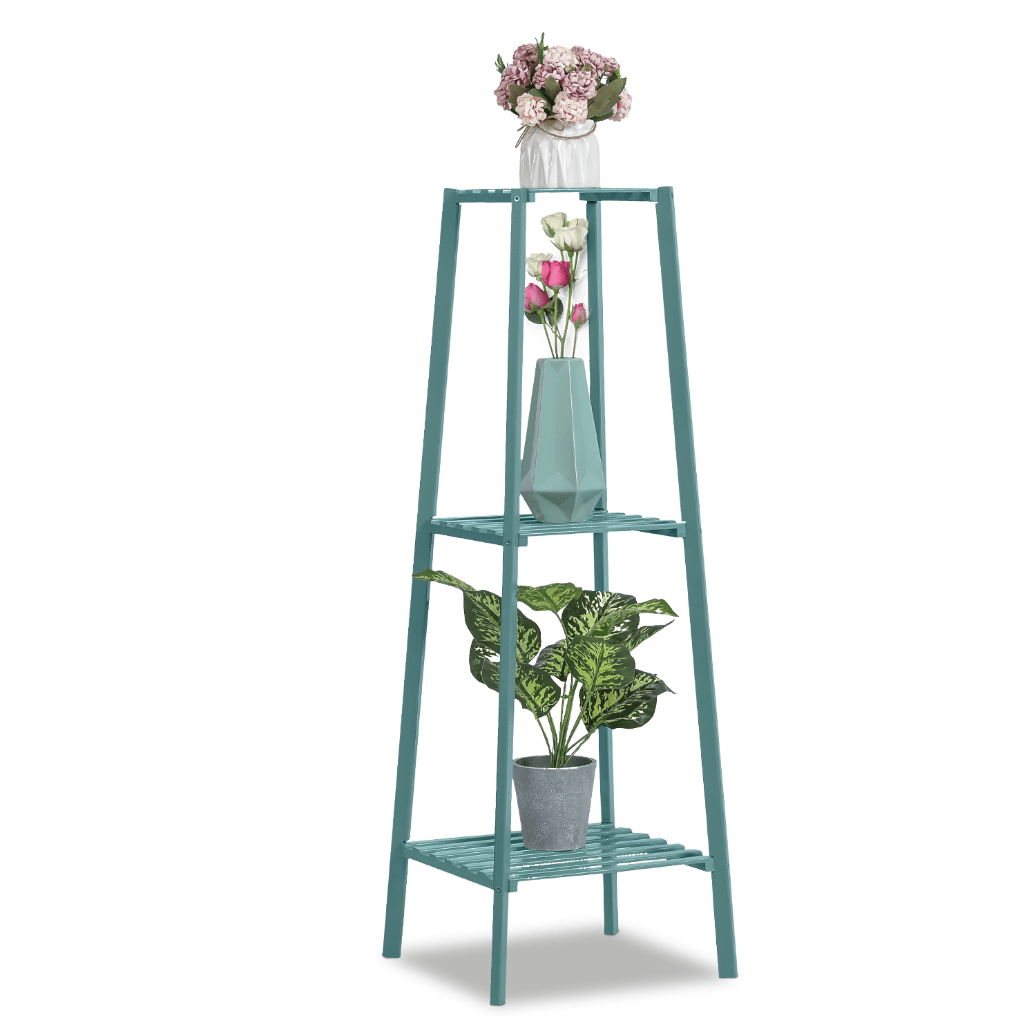 MoNiBloom Bamboo 3 Tiers Trapezoid Plant Stand, Display Rack, Flower Storage Shelf, Green, for Garden