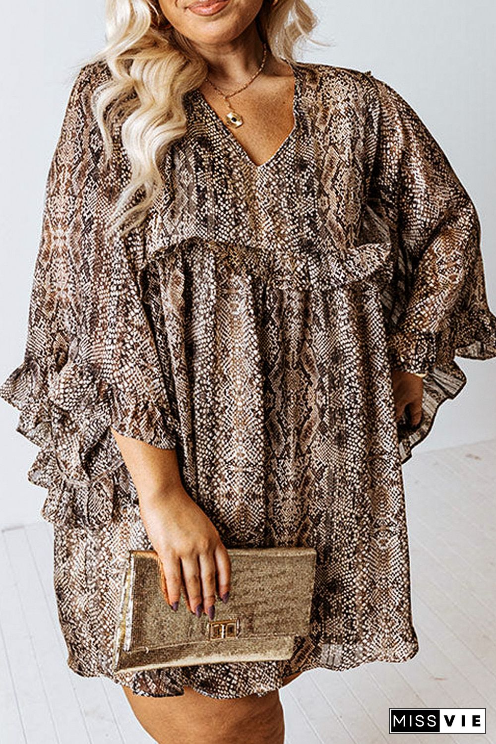 Brown Snake Print Crinkle Plus Size Dress