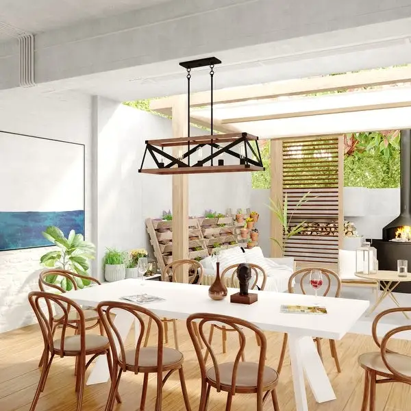 Wade 5L Black and Wood Rustic Cage Linear Chandelier Island Pendant Light Fixture - 36.75-in. W x 10.75-in. H x 12.75-in. D Shopping - The Best Deals on Chandeliers