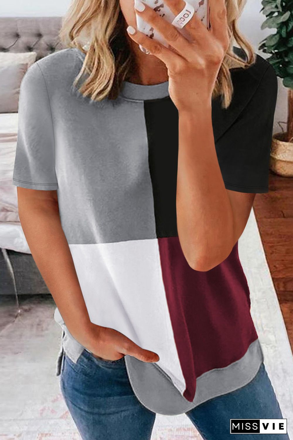 Wine Red Colorblock T-shirt with Slits