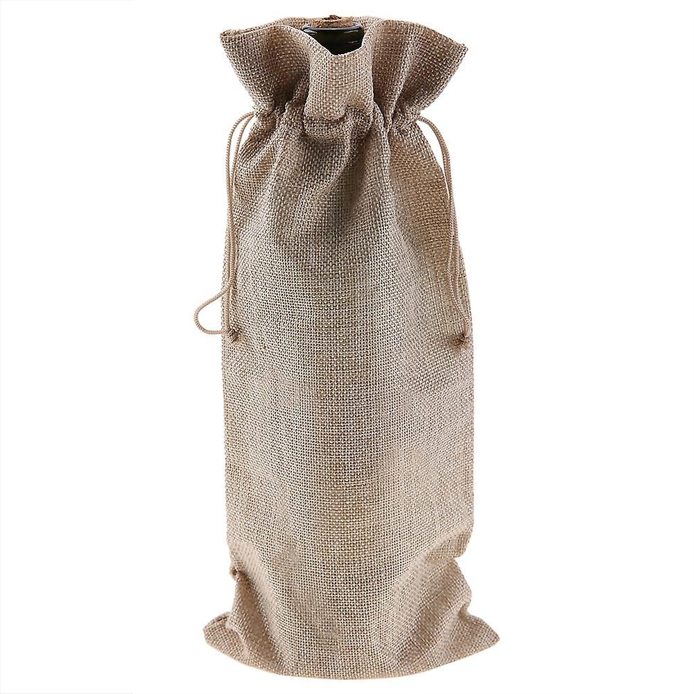 12pcs Simple Linen Fabric Wine Bag With Drawstring Champagne Decorative Cover (beige)