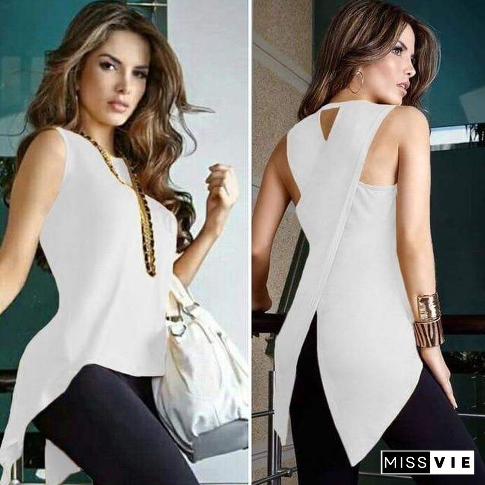 Women Sexy Sleeveless O Neck Tops Casual Slim Fit Irregular Patchwork Solid Blouse Plus Size