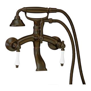 PELHAM  WHITE Vintage Style 3-Handle Wall Mount Claw Foot Tub Faucet with Porcelain Levers and Handshower in Oil Rubbed Bronze PW82555-P-ORB