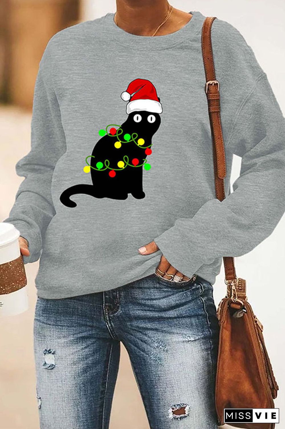 Black Santa Cat Tangled Up In Lights Christmas Santa Sweatshirt Wholesale