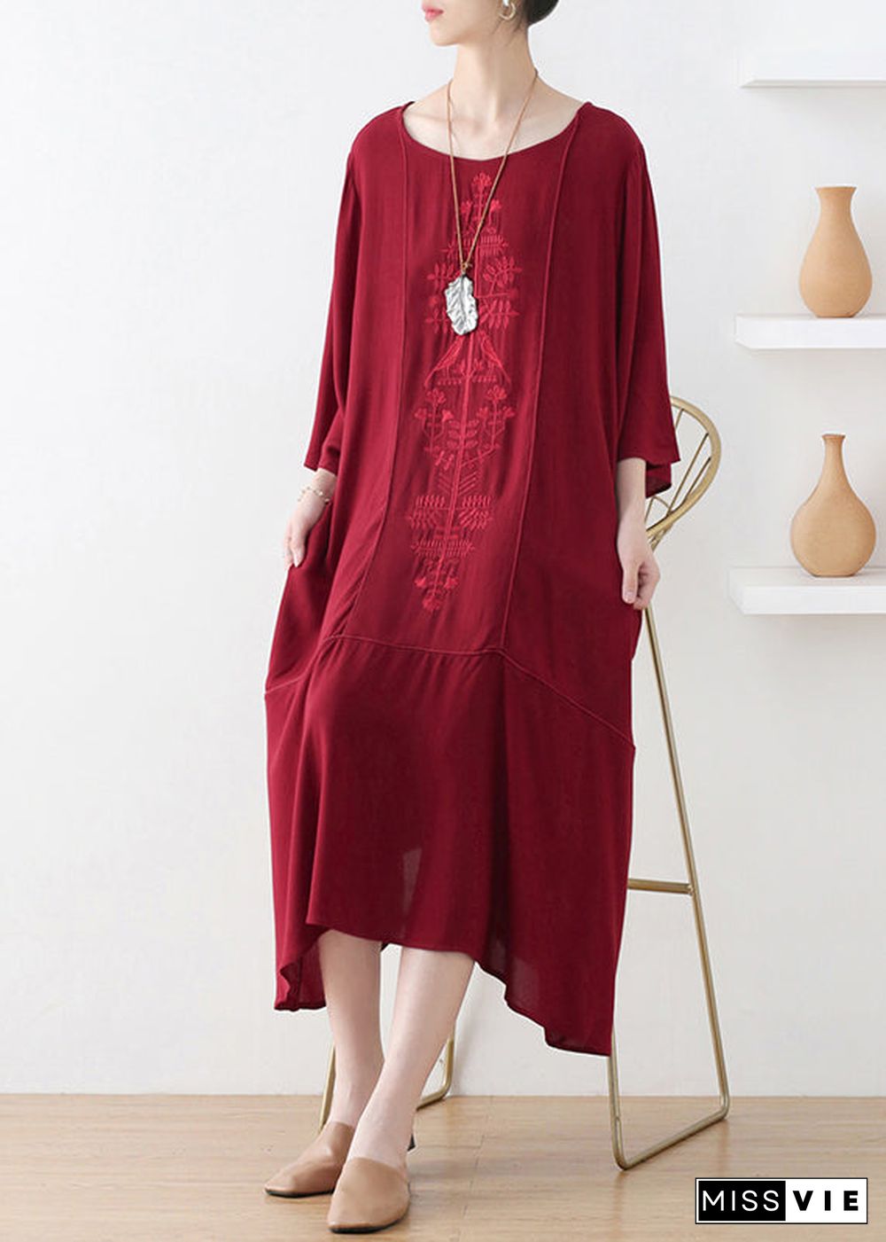 Natural Red O-Neck Print Draping Long Dress Fall