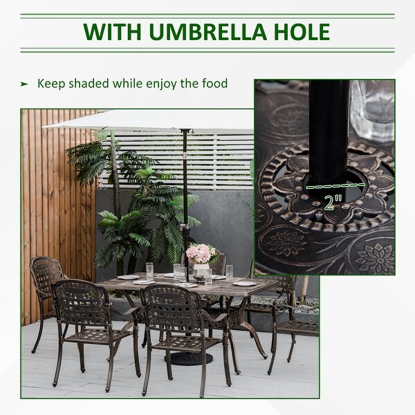 Outsunny 7Piece Patio Dining Set Cast Aluminium Outdoor Furniture Set 6 Armchairs and Table with Umbrella Hole，Bronze