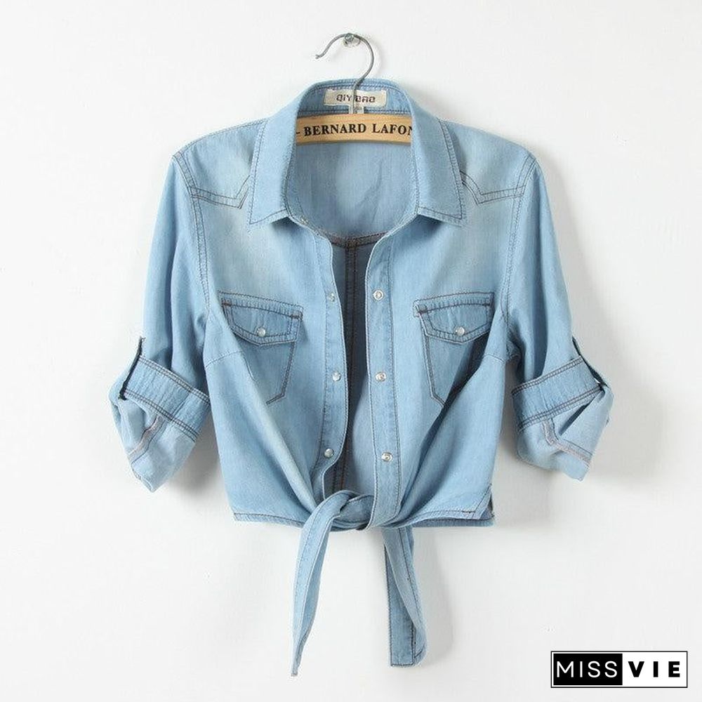 Front Tie Knot Denim shirt Crop Top Jean Blouse