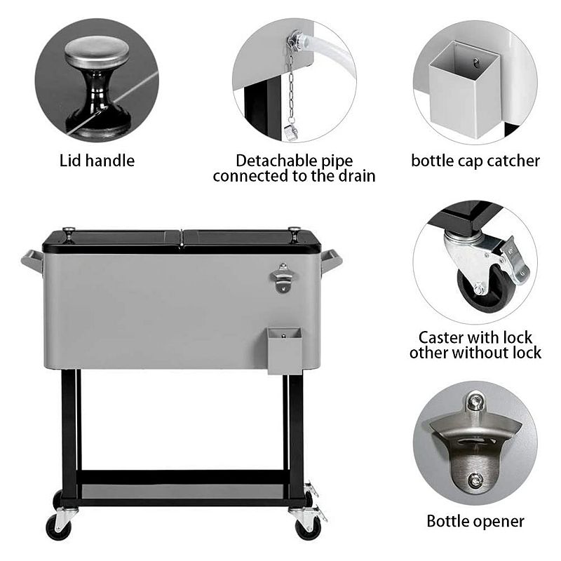 JOMEED 80 Quart Rolling Cooler Cart Ice Chest w/ Drain and Bottle Opener， Silver