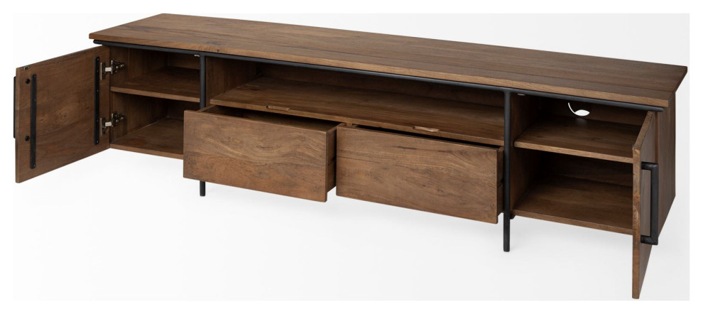 Maddox V Brown Solid Wood TV Stand Media Console With Storage  TV up to 85 quot  Industrial   Entertainment Centers And Tv Stands   by HedgeApple  Houzz