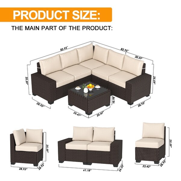 Outdoor Patio Sofa，6 Piece Rattan Furniture Set with Glass Table