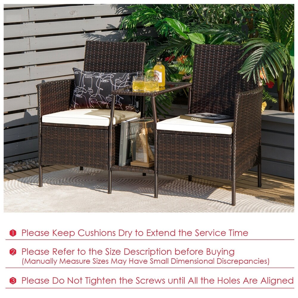 Patio Rattan Wicker Conversation Set Sofa Cushioned Loveseat Glass Table