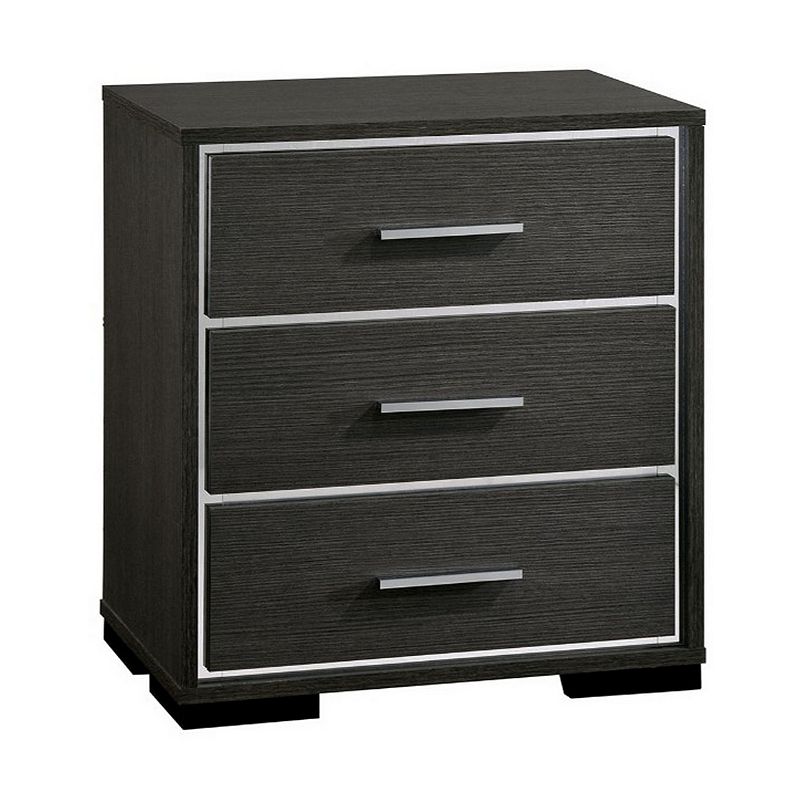 Contemporary Style Three Drawers Wooden Nightstand with Bar Handles， Dark Gray