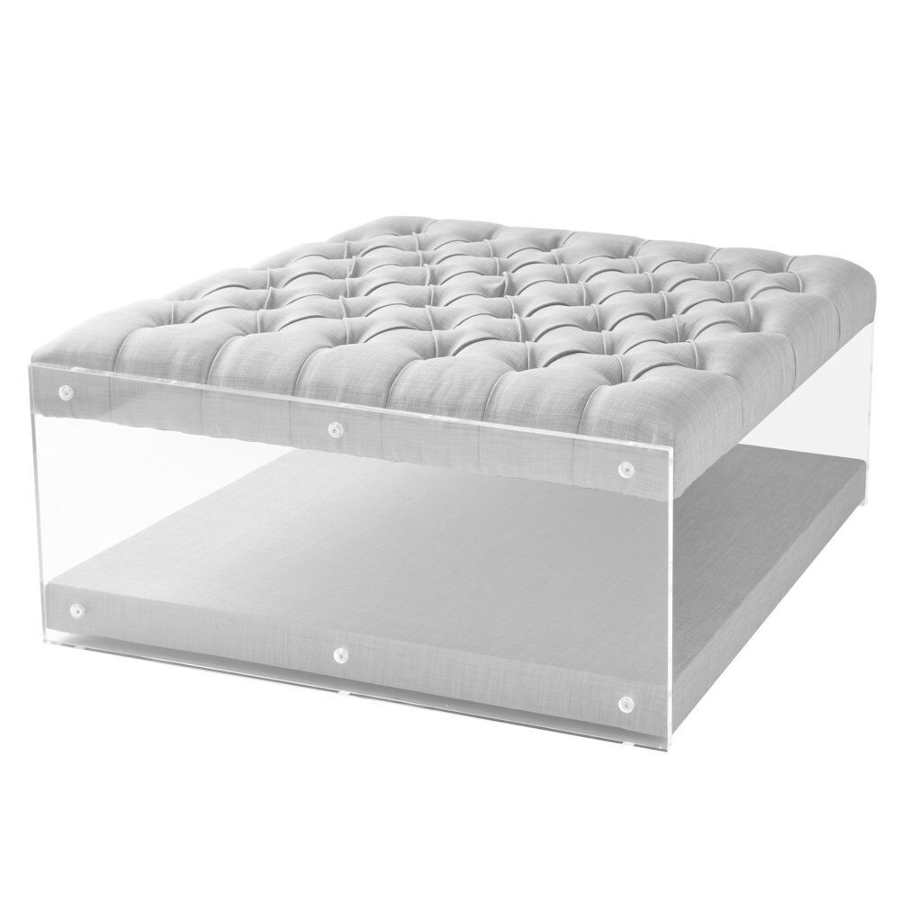 Sophia Contemporary Oversized Linen Clear Acrylic Sides Ottoman