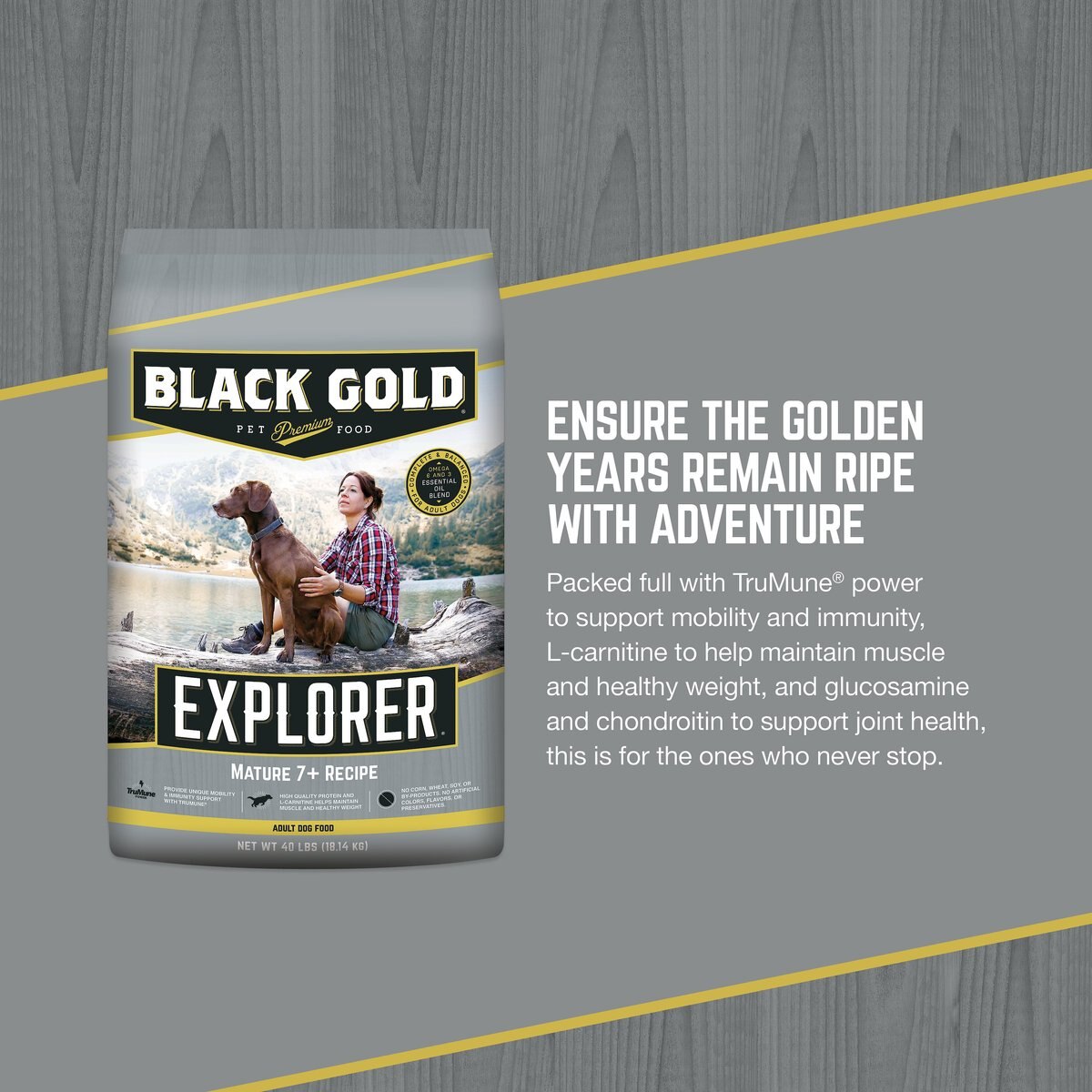 Black Gold Explorer Mature 7+ Formula Dry Dog Food， 40-lb bag