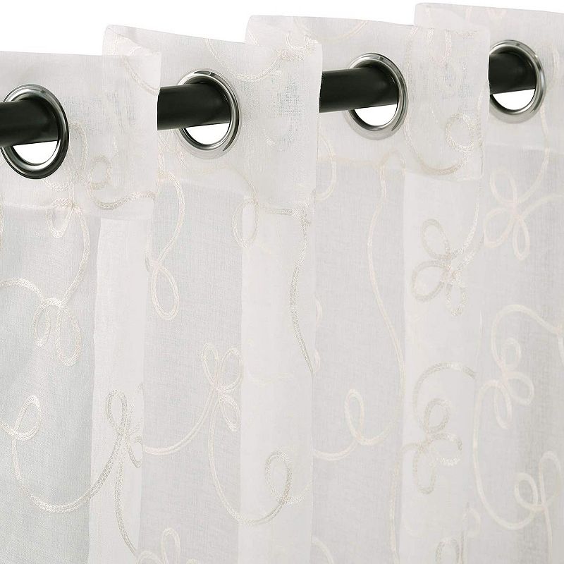 Superior Embroidered Set of 2 Scroll Sheer Grommet Window Curtain Panels