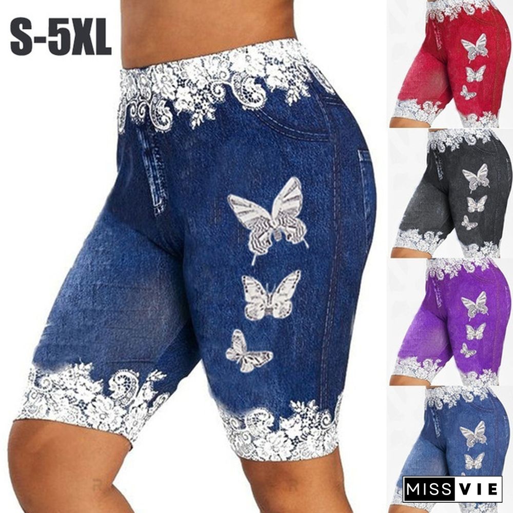 New Fashion Women Plus Size Skinny Butterflies Print Casual Jeggings Faux Denim Jean Shorts Pants Ladies Summer Clothes