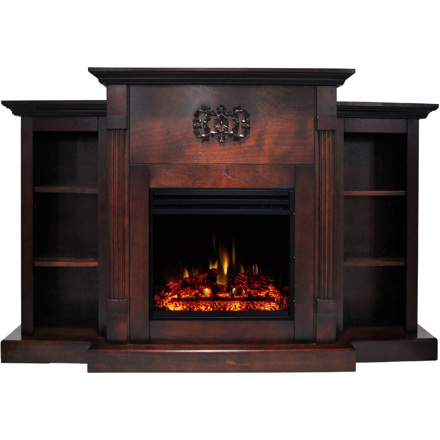 Cambridge Sanoma 72'' Electric Fireplace with Enhanced Charred Log Insert | Multi-Color Flame | For Rooms up to 210 Sq.Ft | Remote | Mahogany Mantel | Adjustable Heat Settings