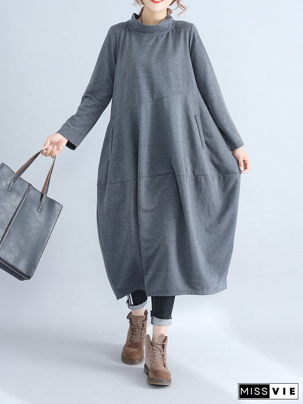 Casual Loose Plus Size Solid Color Hooded Midi Dresses