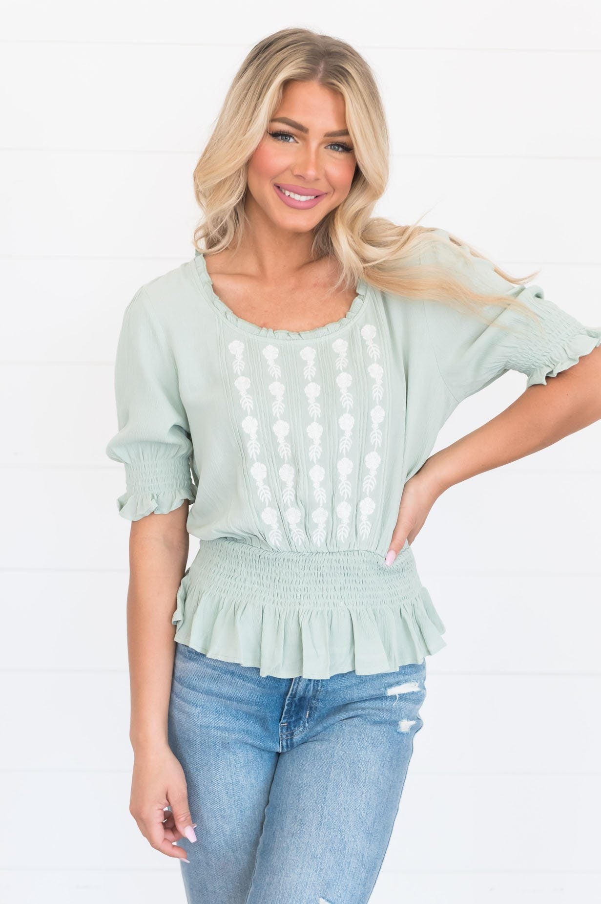 Shade of Happiness Smocked Modest Blouse