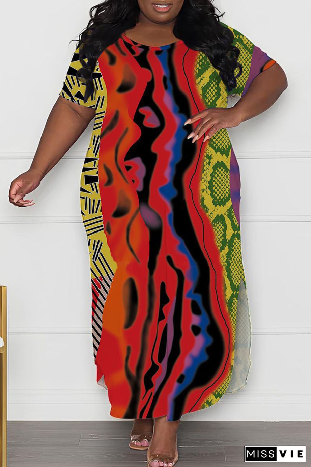 Casual Print Basic O Neck Long Plus Size Dresses