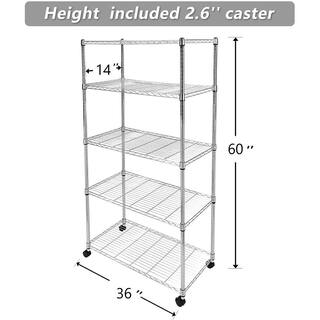 Tidoin Silver Rolling 5-Tier Metal Heavy Duty Wire Shelving Unit (36 in. W x 60 in. H x 14 in. D) DHS-YDW1-044