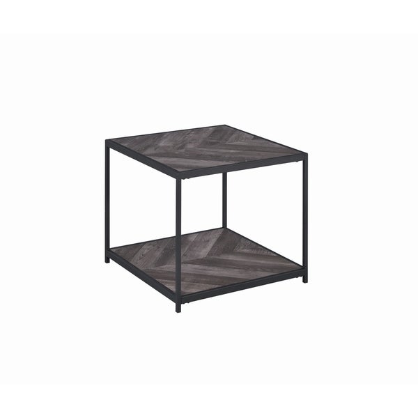 Metal Frame End Table with Wooden Top and Bottom Shelf， Black and Gray