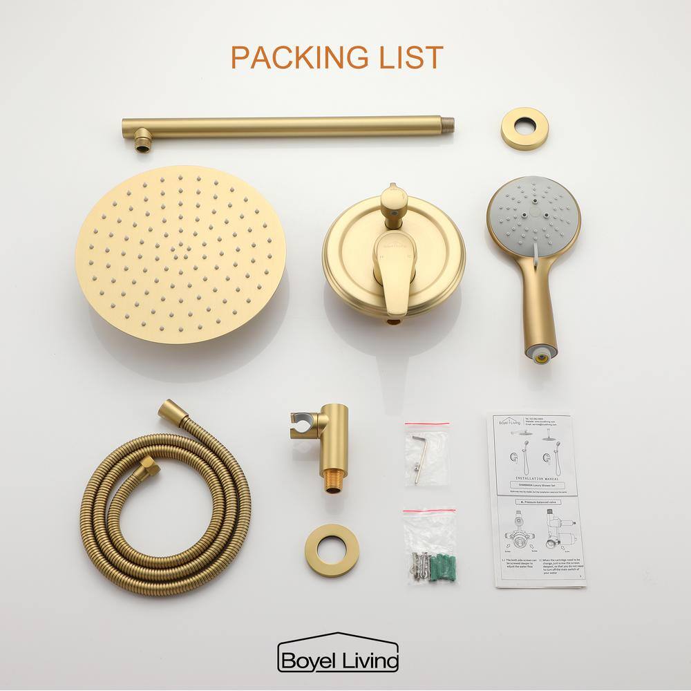 Boyel Living 5-Spray Patterns with 3.2 GPM 10 in. Wall Mount Dual Shower Heads with Rough-In Valve Body and Trim in Brushed Gold SMD-88040BG-10