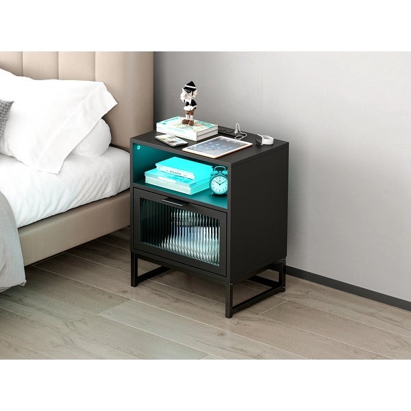 Nightstand with LED Lights Drawer， Black Bedside Table for Bedroom