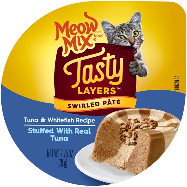 Meow Mix Tasty Layers Tuna and Whitefish Recipe Stuffed with Real Tuna Swirled Paté Cat Food， 2.75-oz can， case of 12