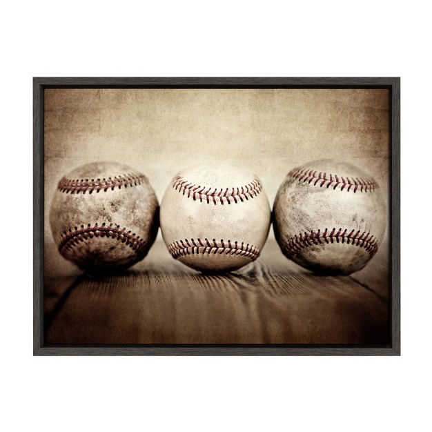 X 24 quot Sylvie Three Vintage Baseballs Framed Canvas By Shawn St Peter Gray Designovation