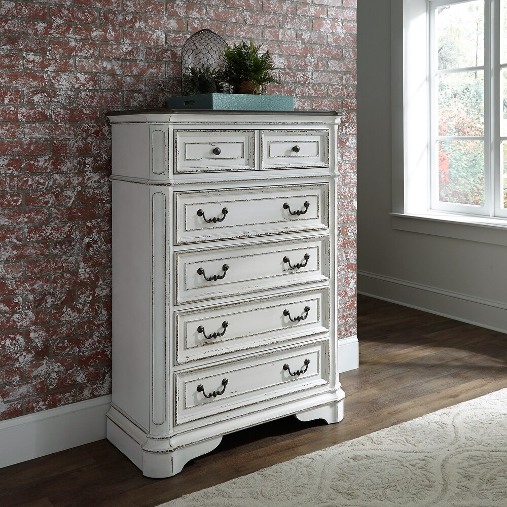 Magnolia Manor Antique White   Weathered Bark 5 Drawer Chest