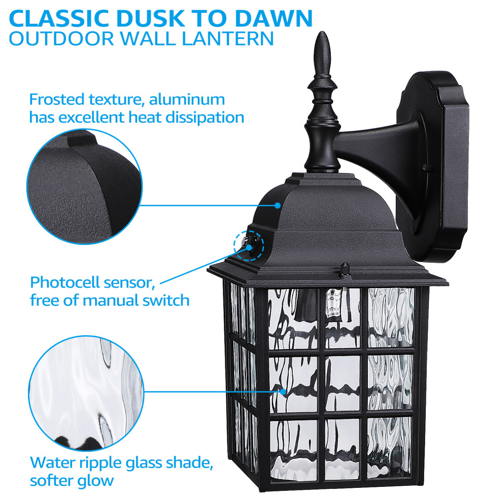 2 Pack Outdoor Dusk to Dawn Wall Lantern  Photocell Included  UL Listed  Black   Traditional   Outdoor Wall Lights And Sconces   by W86 Trading Co.  LLC  Houzz