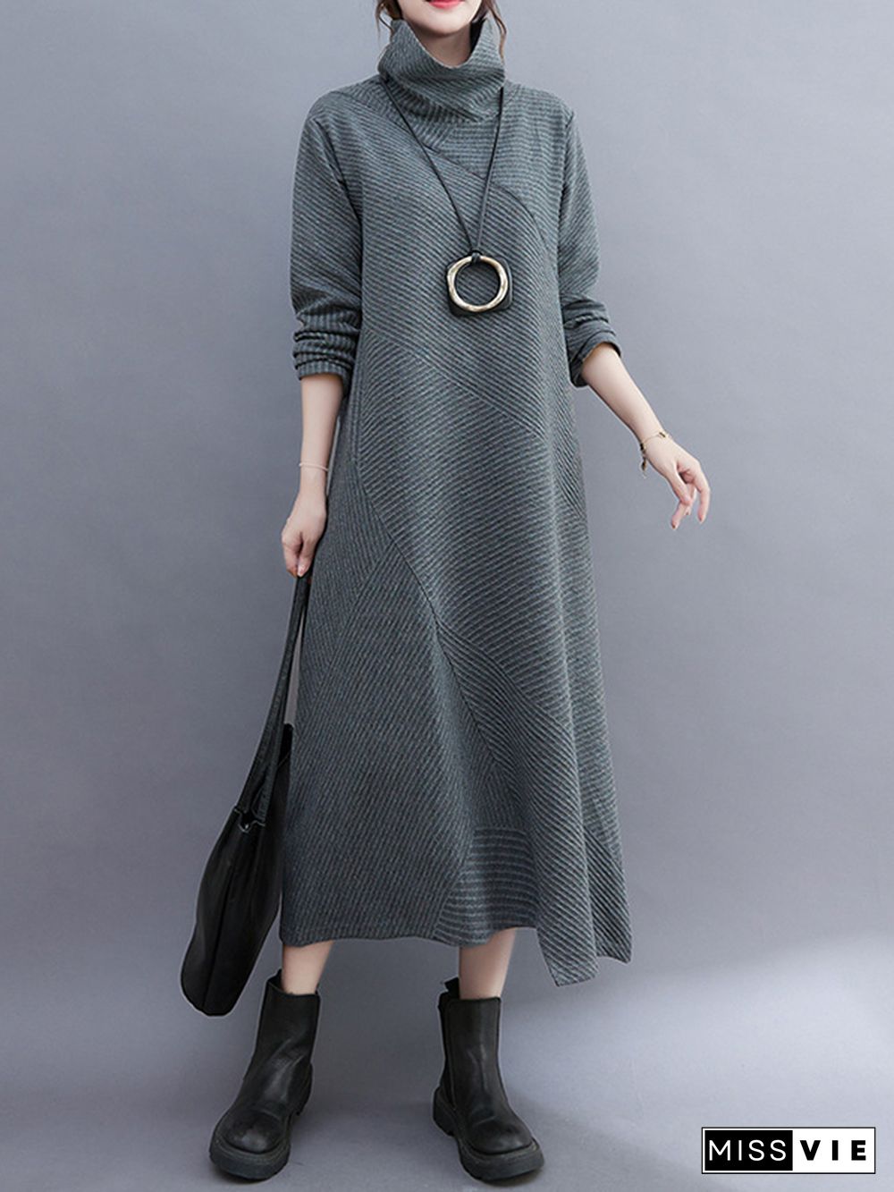 Vintage Irregularity Long Sleeves Solid Color High-Neck Midi Dresses