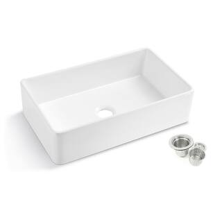 Kingsman Hardware Kingsman White Fireclay 33 in. Single Bowl Farmhouse Apron Kitchen Sink with Strainer CFS3320