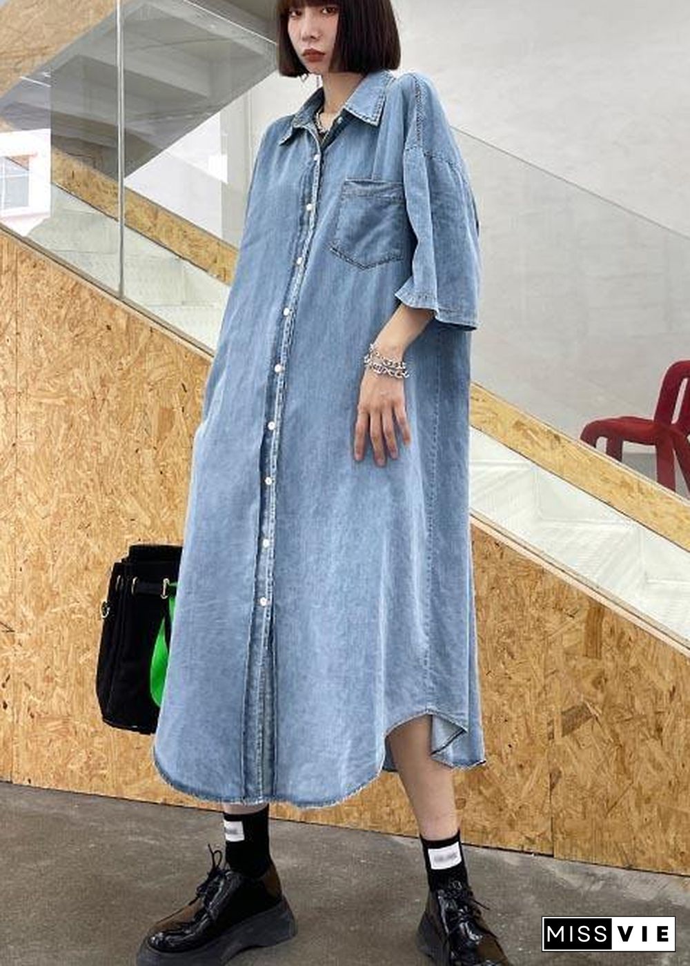 DIY Blue Hollow Out Cotton Pockets Button Summer Maxi Dresses