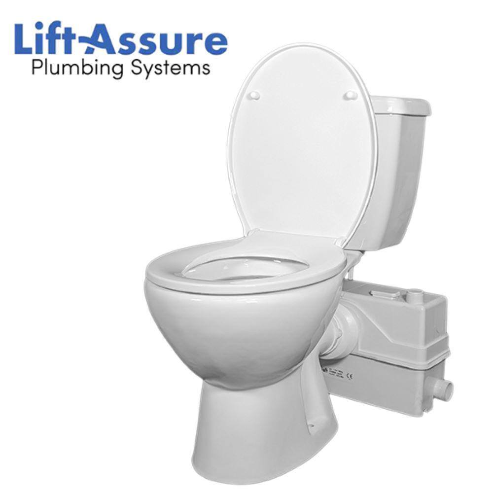 LIFT ASSURE Rear Outlet P-Trap Macerating 3-piece 1.28 GPF Dual Flush Round Toilet in White Seat Included Plus 1HP Pump LARound