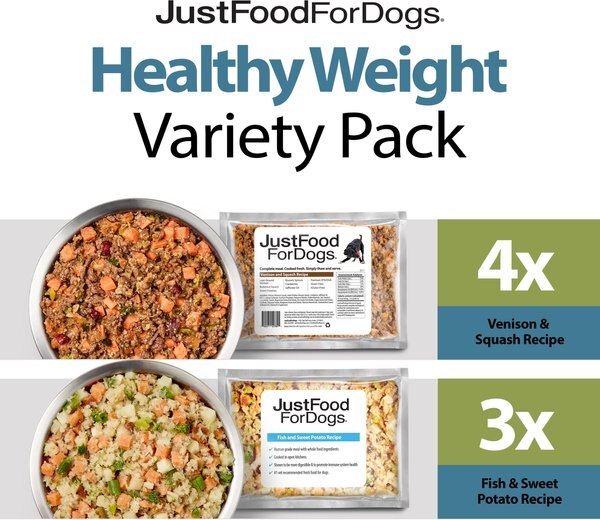 JustFoodForDogs Healthy Weight Variety Pack Human-Grade Fresh Whole Dog Food， 18-oz pouch， case of 7 