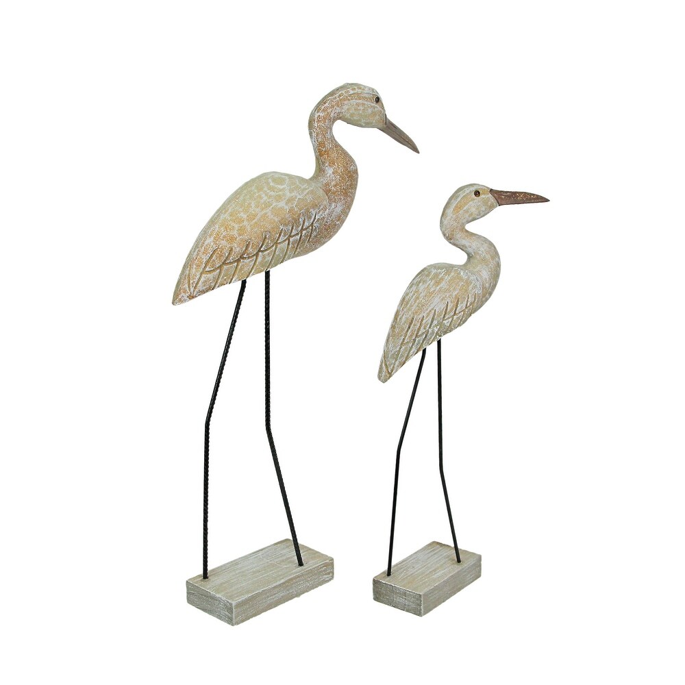 Hand Carved White Washed Wood Bird Statue Sculpture (Set Of 2)   19.75 X 11.5 X 2.75 inches