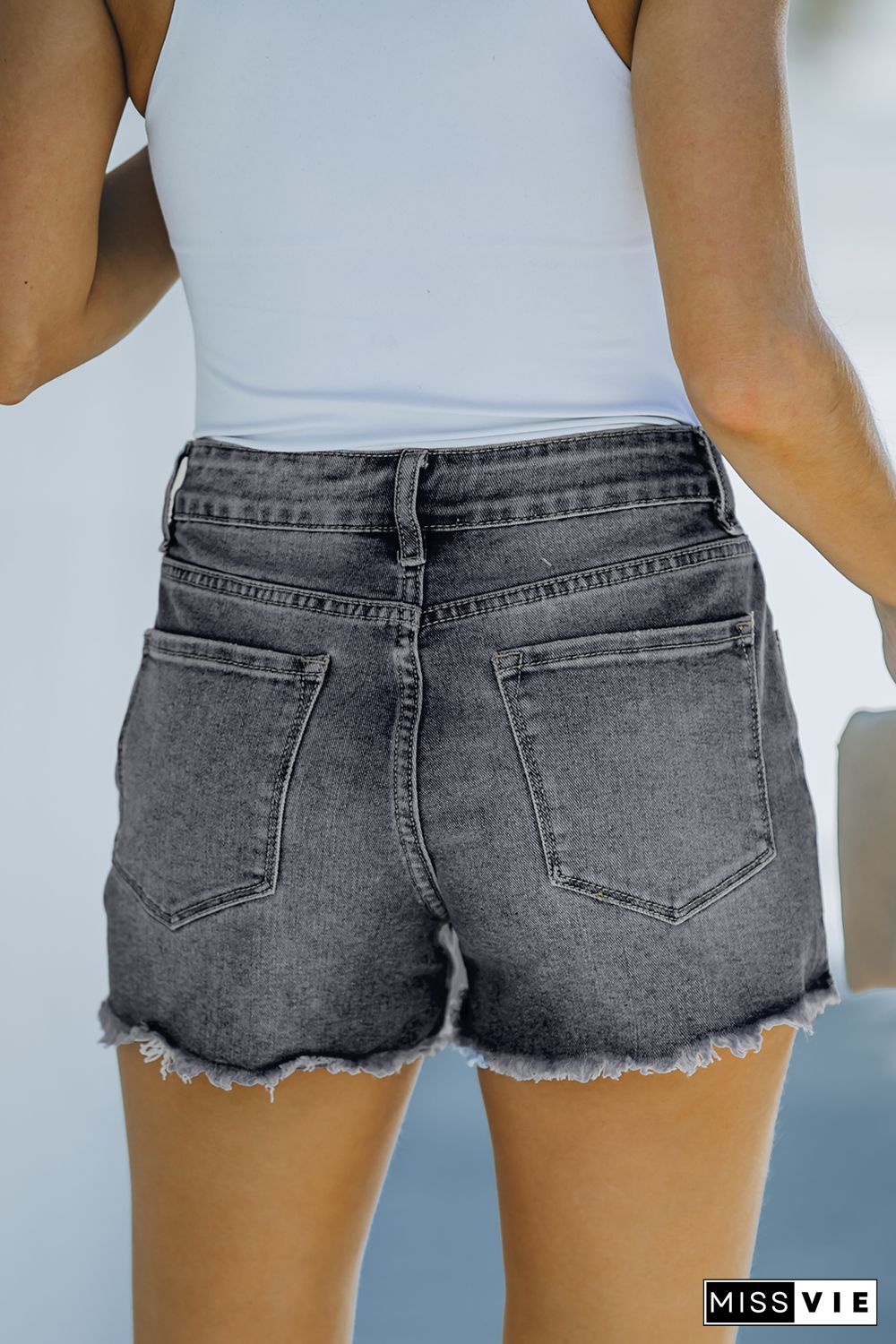 Black Blue Distressed Frayed Denim Shorts