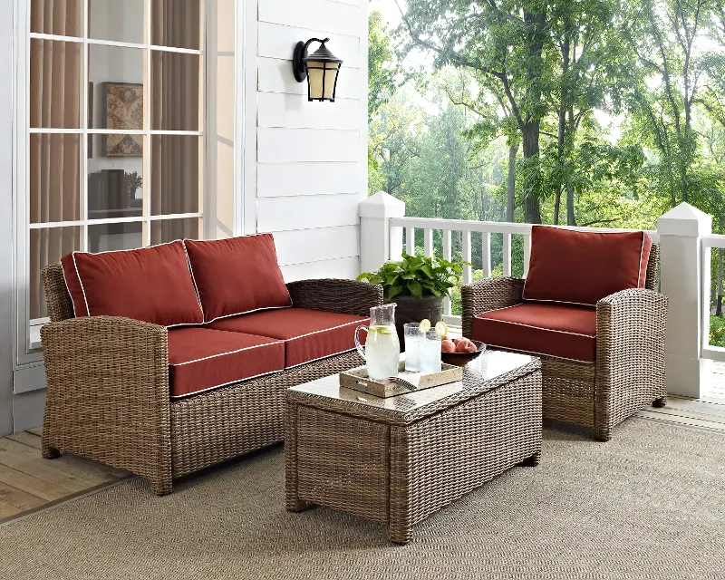 Bradenton Sangria and Wicker 3 pc Loveseat， Armchair， and Table