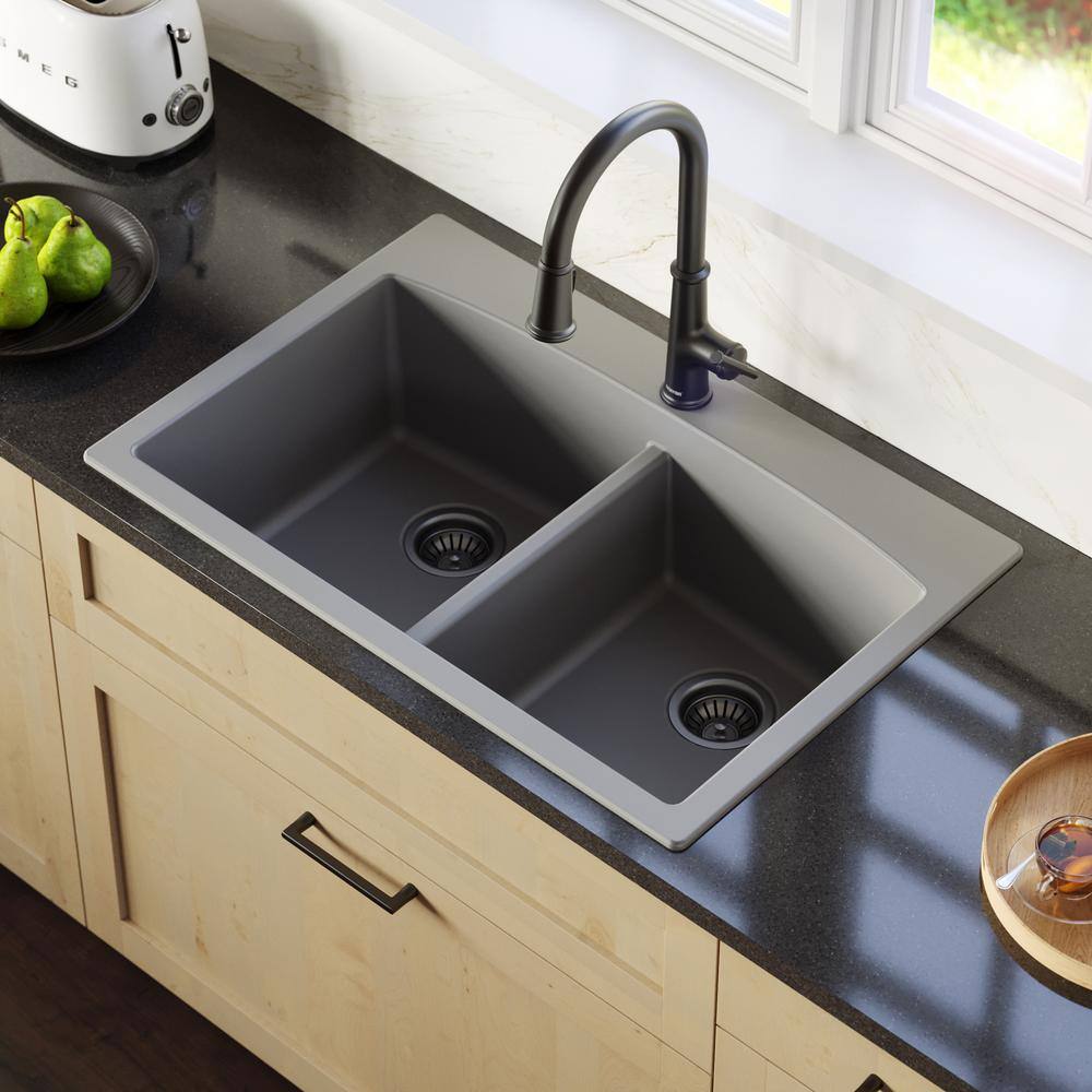 Karran QT- 710 qt. 33 in. 5050 Double Bowl Drop-In Kitchen Sink in Grey with Faucet in Matte Black QT710GRKKF330MB